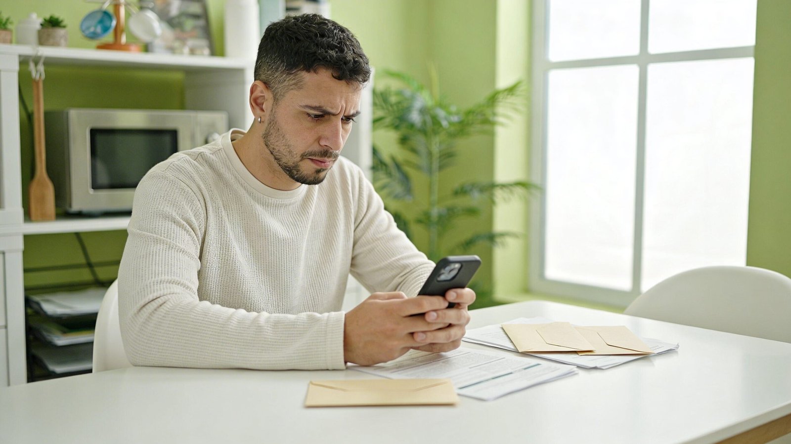 Persona revisando el móvil y documentos para defenderse de una empresa de recobro y tomar el control de su deuda