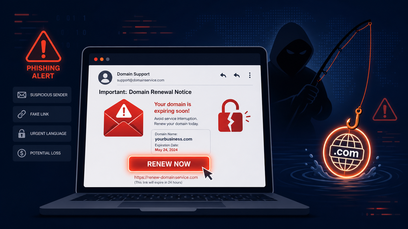Estafa de phishing por correo sobre renovación de dominio, con candado de seguridad en alerta